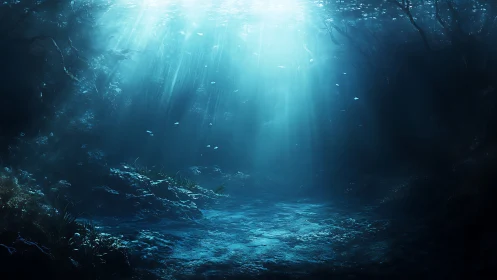 Gentle sunbeams pour into a tranquil underwater forest