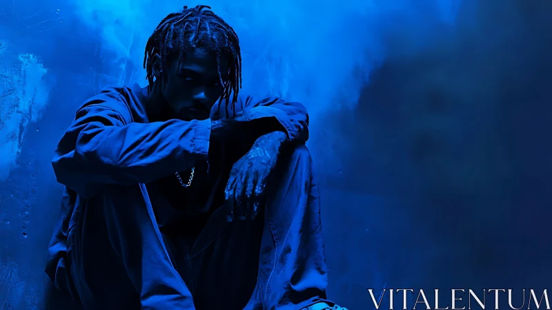 Moody blue portrait of seated man in dark urban corner.
