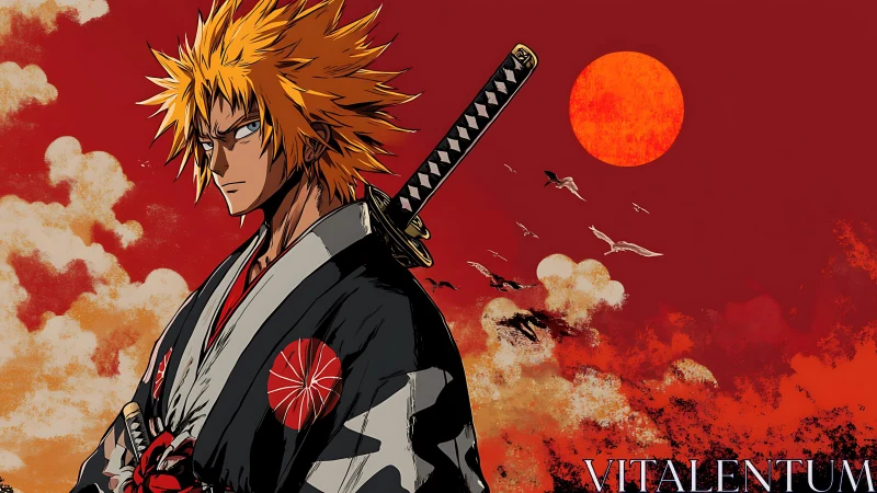 Samurai swordsman under volcanic sunset sky tableau.