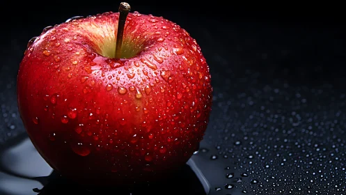 Red apple with water droplets on dark reflective surface.