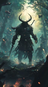 Horned armored warrior in misty forest with glowing embers.