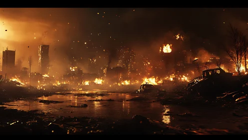 Skyline swallowed by inferno over flooded urban wasteland.