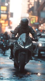 Armored motorcyclist accelerates through glossy neon city street
