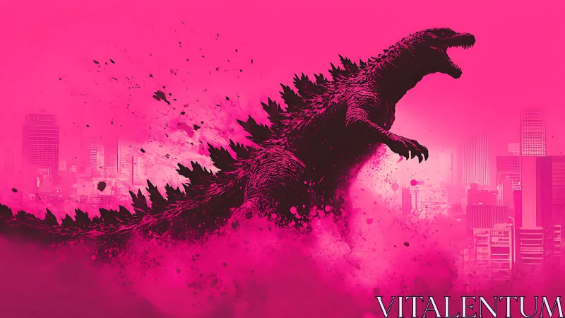 Giant reptilian creature silhouette over monochrome cityscape.