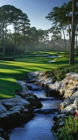 Photorealistic golf fairway with creek and forest edge framing.