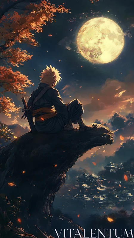 Lone ninja observes moonlit valley from fiery autumn cliff.