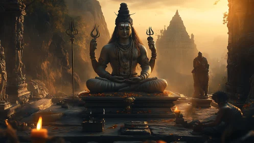 Sunlit Shiva sanctum with trident iconography and ritual fire.