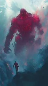 Lone figure confronts colossal red entity in swirling void