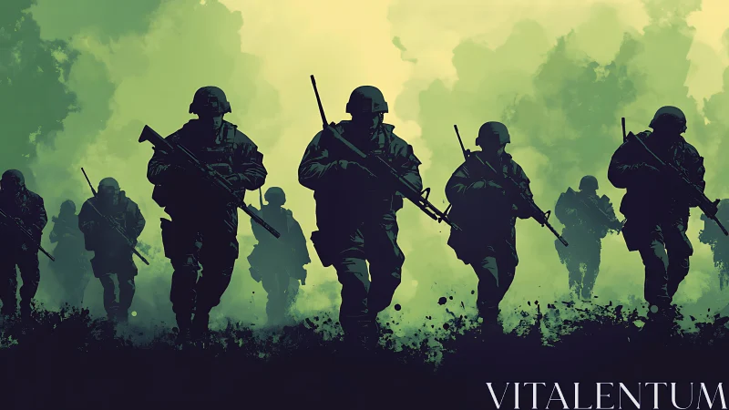 Shadow marchers in toxic dawn haze stride toward conflict.