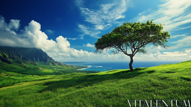 Lone coastal tree crowns vivid green hill above deep blue sea