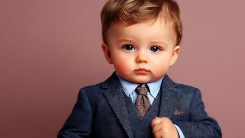 Digitally rendered toddler in formal business attire against neutral background.