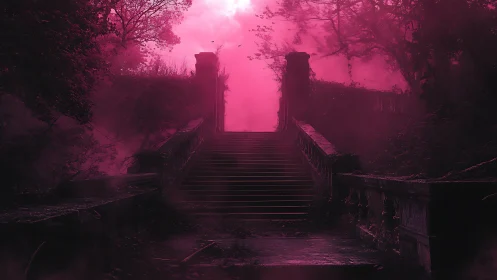 Stone stairway in dense pink forest fog at dusk.