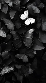 White butterfly contrasts against dark monochrome swarm