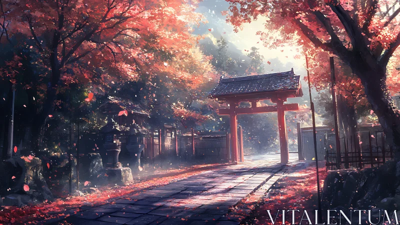 Autumn shrine pathway frames a sunlit torii in painterly light