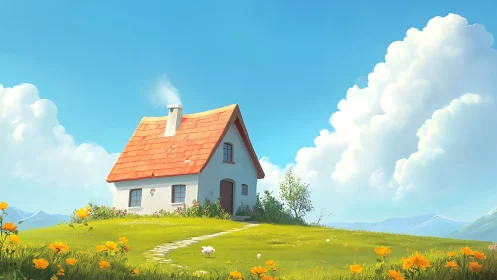 Idyllic hilltop cottage under volumetric cumulus skyscape.