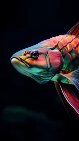 Iridescent 3D fish model glows against deep black background