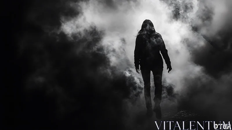 Backlit hooded silhouette walking through dense monochrome fog