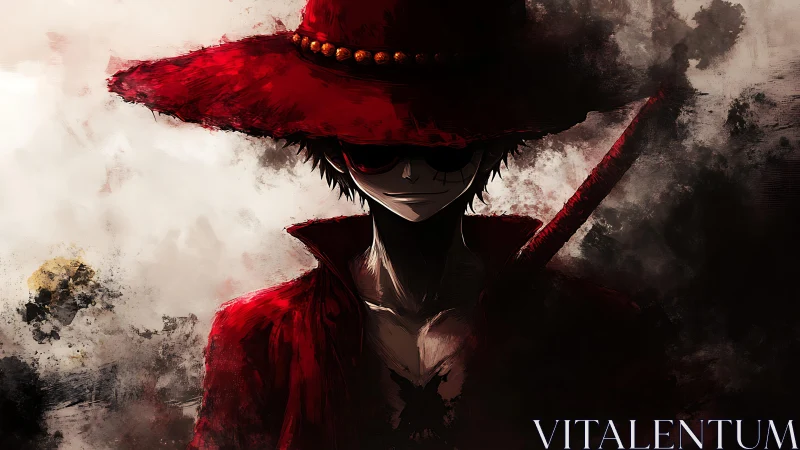 Dark red-clad anime swordsman in smoky dramatic lighting.