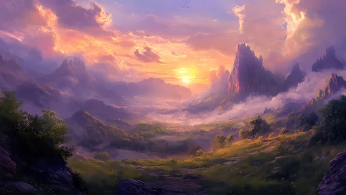 Digital landscape depicts sunlit valley and distant spire peaks