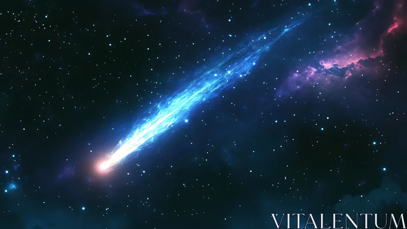 Luminous blue comet streaks across a tranquil starfield sky