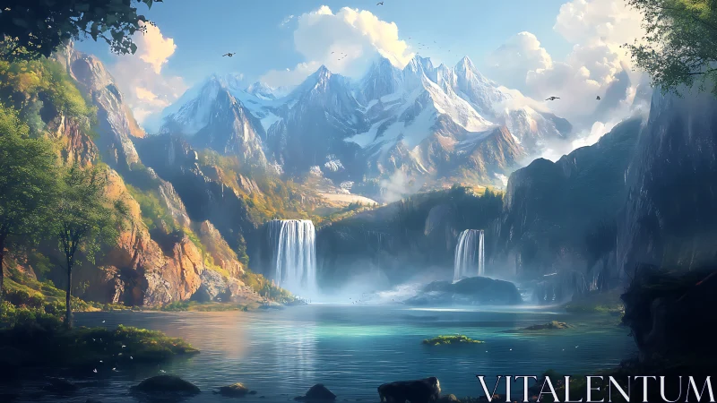 Sunlit glacial mountains with twin waterfalls over misty lake