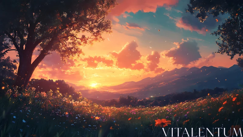 Sunset light gently wraps a wildflower meadow in soft color