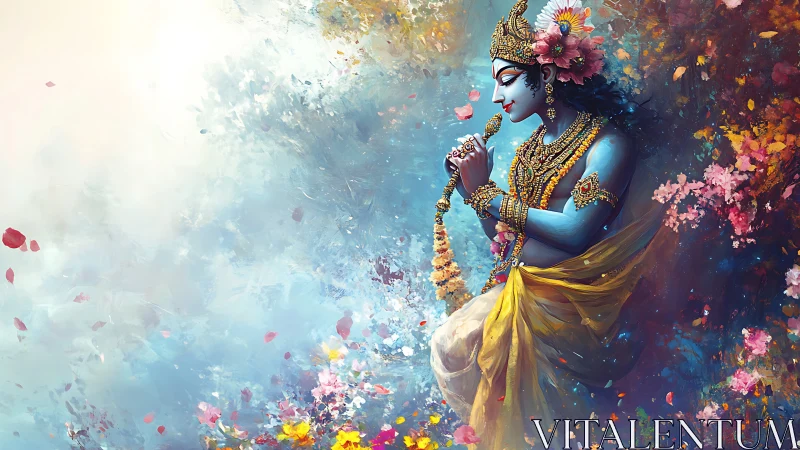 Gentle blue deity in a swirling garden of divine color.