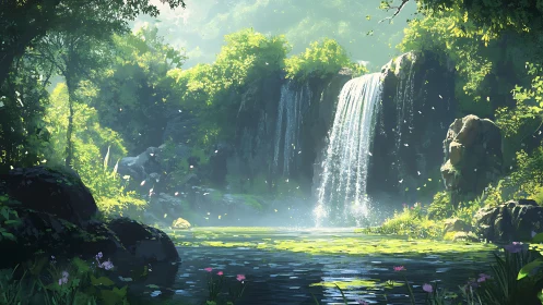 Sunlit forest waterfall with layered foliage and diffused mist
