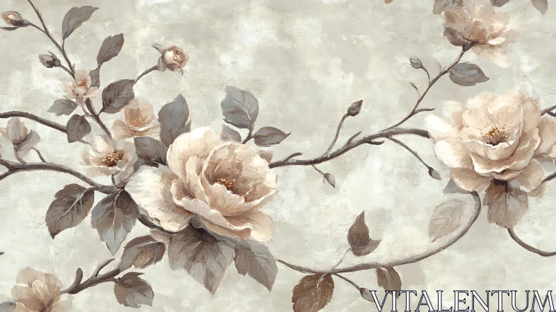 Beige floral branches extend across textured neutral background