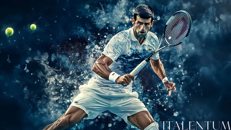 High-intensity tennis forehand rendered in dynamic digital vapor.