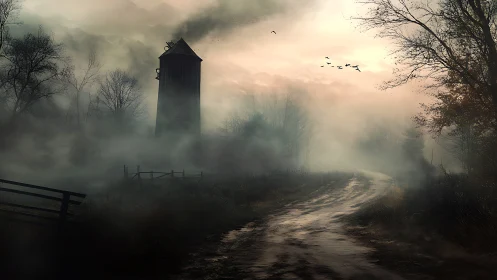 Fog-draped tower listens quietly to a lonely winding road