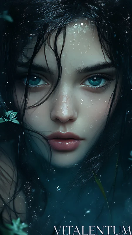 Digital portrait depicts wet-haired woman emerging through water