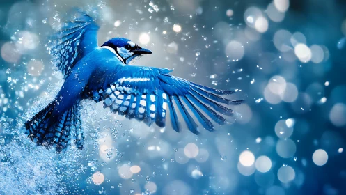 Blue Jay in Flight with Sparkling Bokeh, Vibrant Artistic Style.