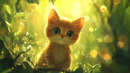 Sunlit Ginger Kitten in an Enchanted Garden.