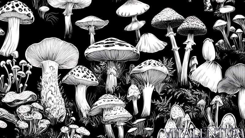 Monochrome botanical plate of diverse forest mushroom species