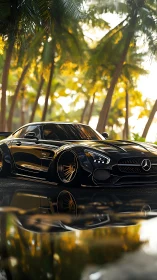 Low-angle render isolates black Mercedes coupe under tropical canopy