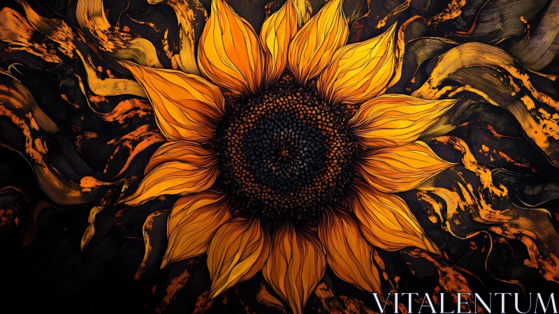 Stylized sunflower with swirling orange textured background.