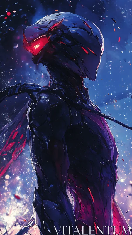 Cybernetic sentinel stands under electric nebula sky.