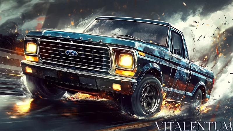 Classic blue pickup racing through sparks and stormlight.