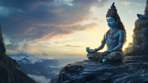 Mountain-top blue deity breathes dawn into stillness