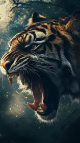 Roaring duskforest tiger crowned in drifting ember light.