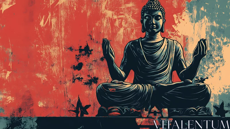 Meditating Buddha silhouette over distressed red backdrop.
