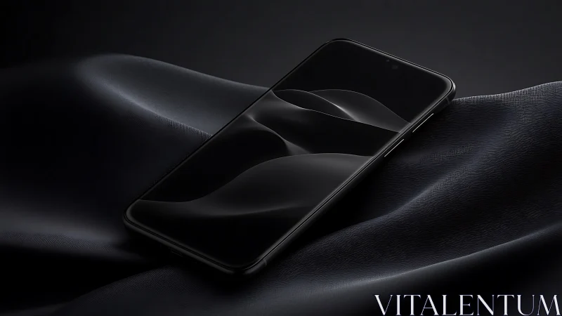 Midnight smartphone resting on soft flowing satin folds.