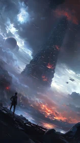 Solitary figure facing towering sci fi structure in ruin.