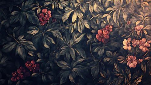 Vintage Floral Pattern with Red Flowers and Gold Foliage