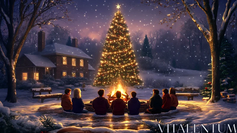 Family gathers by glowing Christmas tree under falling snow.