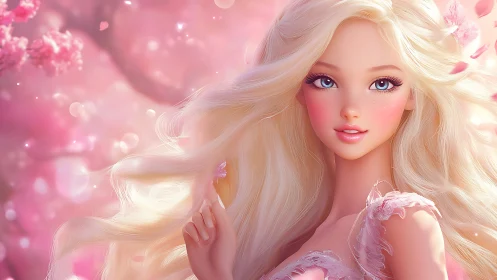 Blossom-dusted blonde muse in a dreamy pink petal haze.