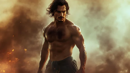 Cinematic photorealistic warrior amid smoke and fire haze.