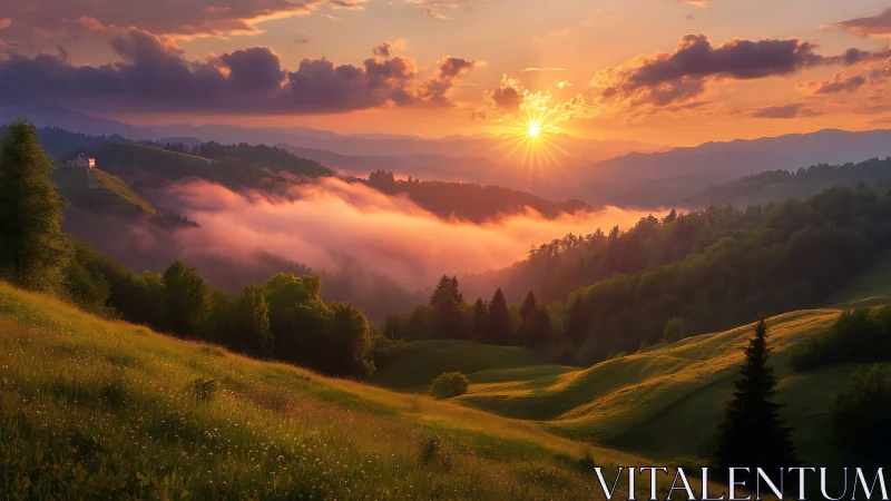 Sunlit mist rolling over emerald hills at dreamy dawn.