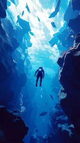 Solitary diver glides through a luminous ocean canyon